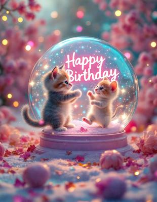 The primary subject of the image is a birthday celebration featuring two cats. The cats are standing on a pink surface, which could be a carpet or a bed, and they are positioned in front of a pink birthday ball. The setting appears to be a cozy and warm environment, possibly a home or a pet-themed event. The visual style of the image is a combination of photo and digital art, creating a whimsical and playful atmosphere. The colors and mood of the image are