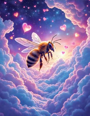 Primary subject: A bee flying through a cloudy sky.

Setting/background: The bee is flying through a cloudy sky, with hearts floating around it.

Visual style: The image is a digital art or illustration.

Colors and mood: The image has a colorful and whimsical atmosphere, with the bee and hearts adding a sense of playfulness and joy.