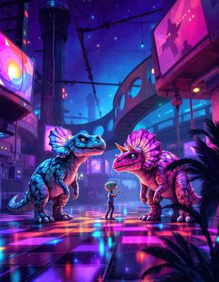 The primary subject of the image is a group of three dinosaurs standing next to each other. The setting is a futuristic city with a purple sky, and the visual style is a digital art or illustration. The colors and mood of the image are predominantly purple, creating a unique and vibrant atmosphere.