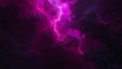The primary subject of the image is a purple nebula with a bright lightning bolt streaking through it. The setting is a dark, cloudy sky, and the visual style is a digital art or illustration. The dominant colors are purple and pink, creating a dramatic and atmospheric scene.