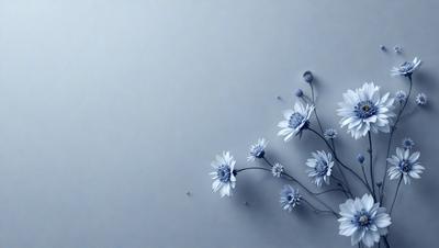 The primary subject of the image is a bouquet of white flowers. The flowers are arranged in a vase, and they are placed against a blue wall. The visual style of the image is a combination of photo and digital art, creating a realistic yet artistic representation of the flowers. The colors and mood of the image are predominantly blue, giving it a calm and serene atmosphere.