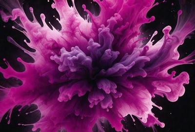 The primary subject of the image is a purple, pink, and white painting or drawing of a flower. The setting is a black background, which contrasts with the vibrant colors of the flower. The visual style appears to be a combination of digital art and traditional painting techniques. The dominant colors in the image are purple, pink, and white, creating a lively and vibrant atmosphere.