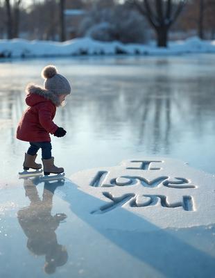 The primary subject of the image is a small child standing on a snow-covered ground. The child is wearing a red coat and is surrounded by a snowy environment. The setting includes a lake, which adds to the wintry atmosphere. The visual style of the image is a photo, capturing the child's presence in the snowy landscape. The colors in the image are predominantly white and gray, reflecting the cold and snowy conditions. The overall mood of the image is serene and peaceful, as