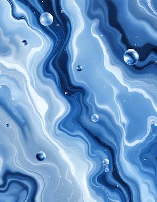 The primary subject of the image is a blue and white patterned surface, which appears to be a water-like texture. The setting is a blue ocean, and the visual style is a combination of digital art and illustration. The dominant colors are blue and white, creating a serene and calming atmosphere.