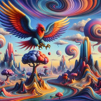 The primary subject of the image is a colorful bird, possibly a parrot, flying over a vibrant landscape. The bird is surrounded by a variety of trees and colorful clouds, creating a lively and dynamic scene. The setting appears to be a mix of natural elements and digital art, as the bird and the landscape are both visually striking and intricately detailed. The overall atmosphere of the image is energetic and full of life, with the bird soaring through the sky and the colorful clouds and trees adding to