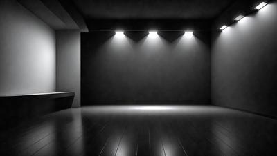 The primary subject of the image is a black room with a large, empty stage. The setting is a darkened theater, and the visual style is a black and white photo. The colors and mood of the image are predominantly dark and moody, with the stage being the main focus of the scene.