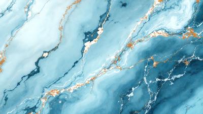 The primary subject of the image is a blue and gold marbled wall. The setting is a bathroom, with the marbled wall as the main focus. The visual style is a combination of a photo and digital art, creating a unique and intricate design. The dominant colors are blue and gold, giving the wall a luxurious and elegant appearance.