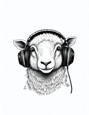 The primary subject of the image is a sheep with headphones on, giving it a humorous and quirky appearance. The sheep is the main focus of the image, and it is depicted in a black and white style, which adds a classic and timeless feel to the scene. The setting is a white background, which provides a clean and uncluttered environment for the sheep to be the main subject. The visual style is a combination of drawing and illustration, creating a unique and creative representation of the sheep with head