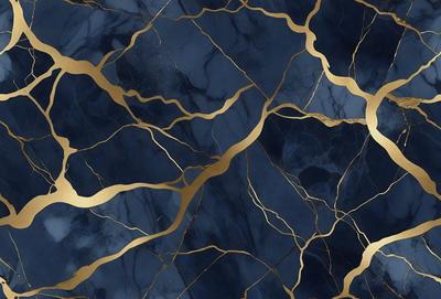 The primary subject of the image is a blue and gold marble wall. The setting is a room with a blue and gold marble wall, which serves as the background. The visual style is a close-up of the marble wall, showcasing its intricate patterns and textures. The dominant colors are blue and gold, creating a luxurious and elegant atmosphere.