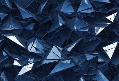 The primary subject of the image is a blue, geometric pattern made up of triangles. The setting is a blue background, which creates a visually striking contrast with the pattern. The visual style is a combination of digital art and illustration, as the triangles are arranged in a complex and intricate manner. The dominant colors are blue and silver, giving the image a modern and sophisticated appearance.