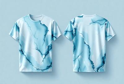 The primary subject of the image is a blue shirt with a design on it. The shirt is displayed in two different positions, one on the left side and the other on the right side of the image. The setting is a blue background, which complements the shirt's color. The visual style appears to be a digital art or illustration, as the shirt's design is intricate and well-defined. The colors and mood of the image are predominantly blue, creating a calm and soothing atmosphere.