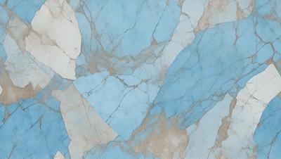 The primary subject of the image is a blue marble wall with a pattern of white and blue tiles. The setting is a room with a blue marble floor. The visual style is a combination of a photo and digital art, creating a unique and artistic representation of the marble wall. The colors and mood of the image are predominantly blue, giving it a calm and serene atmosphere.