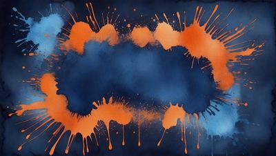 The primary subject of the image is a blue and orange painting with a lot of drips and splatters. The setting is a canvas, and the visual style is a painting. The dominant colors are blue and orange, creating a vibrant and energetic atmosphere.