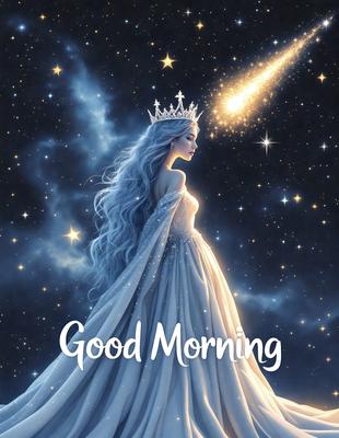 The primary subject of the image is a woman dressed in a white gown, with a crown on her head. She is standing in a celestial setting, surrounded by stars and a shooting star. The visual style of the image is digital art, with a focus on the woman and her surroundings. The colors and mood of the image are serene and dreamy, with the woman appearing as a celestial princess.