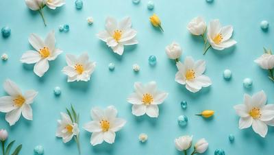 The primary subject of the image is a close-up of white flowers, with a blue background. The flowers are arranged in a pattern, creating a visually appealing scene. The visual style of the image is a photo, capturing the beauty of the flowers in their natural setting. The colors and mood of the image are predominantly white and blue, giving it a serene and calming atmosphere.