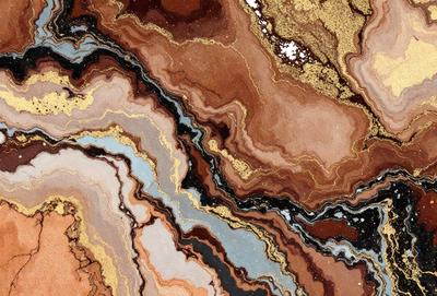 The primary subject of the image is a close-up of a marble stone with a gold and brown color palette. The setting is a natural environment, possibly a rock formation or a stone wall. The visual style is a combination of a photo and a digital art, as it appears to be a close-up of a natural stone with a touch of artistic enhancement. The colors and mood of the image are warm and earthy, with the gold and brown tones creating a sense of natural beauty and richness.