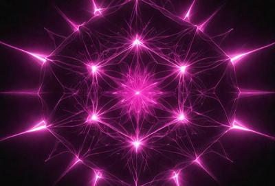 The primary subject of the image is a pink, purple, and white geometric pattern. The pattern is composed of multiple interconnected circles, creating a visually striking and intricate design. The setting is a dark background, which contrasts with the vibrant colors of the pattern. The visual style of the image is a combination of digital art and illustration, showcasing the artist's skill in creating a complex and visually appealing design. The dominant colors in the image are pink, purple, and white,