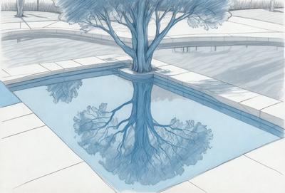 The primary subject of the image is a tree with a large trunk, which is reflected in a pool of water. The tree is situated in the middle of the scene, and the pool of water is located on the left side. The visual style of the image is a combination of digital art and illustration, creating a unique and artistic representation of the tree and its reflection. The colors and mood of the image are predominantly blue, giving it a calm and serene atmosphere.
