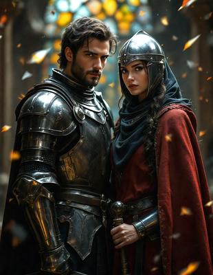 The primary subject of the image is a man and a woman dressed in medieval armor, standing together and posing for a picture. They are the main focus of the image. The setting is a medieval-themed environment, with the couple standing in front of a castle-like structure. The visual style is a combination of digital art and illustration, creating a realistic and detailed representation of the medieval scene. The colors and mood of the image are predominantly dark and dramatic, reflecting the medieval theme and the couple'
