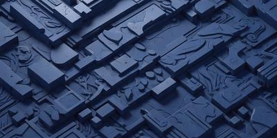 The primary subject of the image is a blue, textured wall with a pattern of shapes and designs. The setting is a room with a blue background, and the visual style appears to be a combination of digital art and illustration. The dominant colors are blue and black, creating a calm and soothing atmosphere.