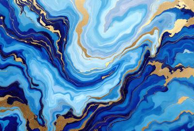 The primary subject of the image is a blue and gold painting featuring a swirling design. The setting is a wall, and the visual style appears to be a combination of digital art and illustration. The dominant colors in the painting are blue and gold, creating a sense of depth and richness.