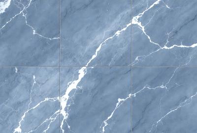 The primary subject of the image is a close-up of a marble tile, showcasing its intricate design and texture. The setting is a blue marble tile, which serves as the background. The visual style is a close-up of the tile, highlighting its details. The colors and mood of the image are predominantly blue, giving it a calm and sophisticated atmosphere.