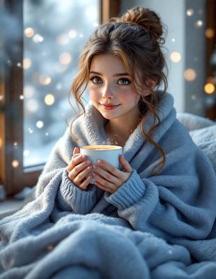 The primary subject of the image is a young girl sitting on a bed, holding a cup of coffee. She is wearing a blue sweater and appears to be enjoying her beverage. The setting is indoors, with the girl sitting on a bed, and the background features a window with snow falling outside. The visual style is a digital art illustration, creating a cozy and warm atmosphere. The colors in the image are predominantly blue and white, with the snow outside adding a touch of coldness to the scene.
