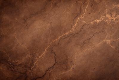 The primary subject of the image is a brown marble tile with a pattern of light and dark streaks. The setting is a wall, and the visual style is a close-up of the tile. The colors and mood of the image are warm and earthy, with the brown marble tile being the dominant color.