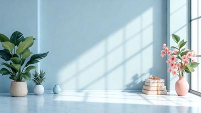 The primary subject of the image is a white table with a vase and a book on it. The setting is a room with a blue wall and a window. The visual style is a photo, and the colors and mood are predominantly white and calm.