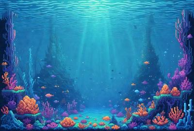 The primary subject of the image is a vibrant underwater scene featuring a variety of colorful fish and coral. The setting is a blue ocean with sunlight shining through the water, creating a serene and lively atmosphere. The visual style is a digital art or illustration, showcasing the artist's creativity and attention to detail. The colors and mood are predominantly blue and green, with the sunlight adding a touch of warmth to the scene.