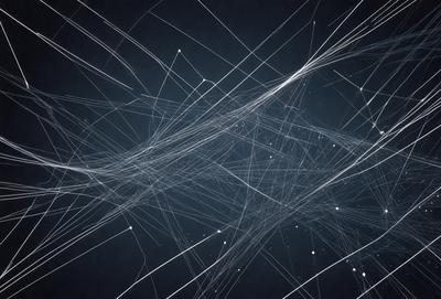 The primary subject of the image is a series of lines or strands, which are intertwined and appear to be floating in the air. The setting is a dark background, which contrasts with the lines and adds a sense of depth to the image. The visual style is a combination of digital art and illustration, creating a unique and intriguing pattern. The colors in the image are predominantly black and white, with some white lines and a dark background, which contributes to a moody and mysterious atmosphere.