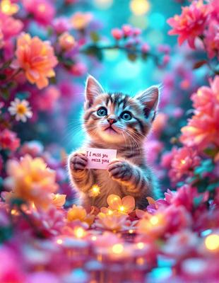 The primary subject of the image is a small kitten holding a piece of paper with the words "I miss you" written on it. The kitten is surrounded by a beautiful and colorful flower garden, which serves as the setting and background of the scene. The visual style of the image is a combination of photo and digital art, creating a unique and eye-catching representation of the kitten and its surroundings. The colors and mood of the image are predominantly pink, which adds a sense of warmth and