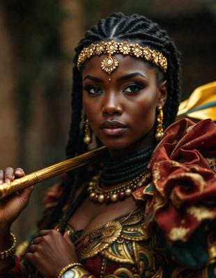 The primary subject of the image is a woman wearing a gold crown and holding a gold bat. She is dressed in a gold and red outfit, which gives her a regal and majestic appearance. The setting appears to be a forest, with trees visible in the background. The visual style of the image is a combination of photo and digital art, creating a unique and eye-catching portrait. The colors and mood of the image are rich and vibrant, with the gold and red tones evoking a sense of power