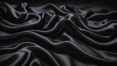 The primary subject of the image is a black fabric, which appears to be a piece of cloth or a curtain. The setting is a dark background, which contrasts with the black fabric. The visual style is a close-up of the fabric, showcasing its texture and pattern. The colors and mood of the image are predominantly dark, with the black fabric being the main focus.