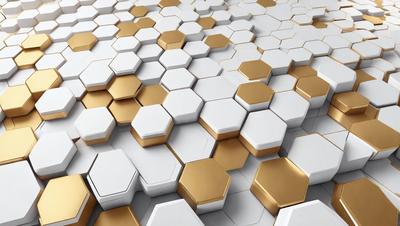 The primary subject of the image is a pattern of hexagonal shapes, which are arranged in a honeycomb-like structure. The setting is a white background, which provides a clean and minimalist appearance. The visual style is a combination of digital art and illustration, creating a unique and intricate design. The dominant colors are white and gold, giving the pattern a warm and elegant feel.