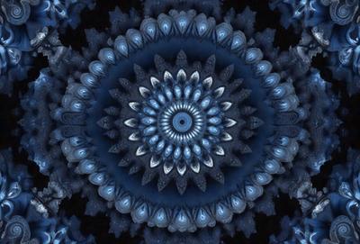 The primary subject of the image is a blue and white circular pattern, which appears to be a digital art or illustration. The setting is a black background, which contrasts with the vibrant colors of the circular pattern. The visual style suggests that the image is a creative and artistic representation of a design or pattern. The dominant colors are blue and white, giving the image a calm and serene atmosphere.