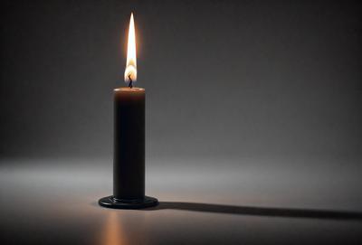The primary subject of the image is a lit candle on a table. The setting is a dark room, and the visual style is a black and white photo. The dominant colors are black and white, and the overall atmosphere is calm and serene.