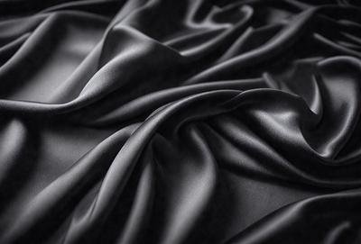 The primary subject of the image is a close-up of a black fabric, possibly a piece of silk or velvet. The setting is a dark background, which emphasizes the fabric's texture and color. The visual style is a detailed, up-close view of the fabric, showcasing its intricate patterns and texture. The colors and mood of the image are predominantly dark, with the black fabric serving as the focal point and creating a sense of sophistication and elegance.