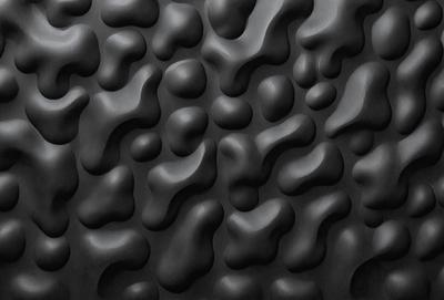 The primary subject of the image is a black wall with a pattern of black and white circles. The setting is a room with a black background, and the visual style appears to be a digital art or illustration. The dominant colors are black and white, creating a bold and striking appearance.