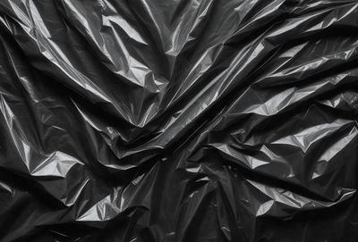 The primary subject of the image is a black plastic bag. The setting is a dark background, which creates a moody atmosphere. The visual style is a close-up of the plastic bag, showcasing its texture and details. The colors are predominantly black, with the plastic bag being the main focus of the image.