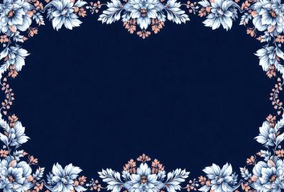 Primary subject: A blue background with a floral pattern.
Setting/background: The background is a deep blue color, and the floral pattern is a part of the design.
Visual style: The image is a digital artwork featuring a floral pattern.
Colors and mood: The dominant colors are blue and pink, creating a calm and serene atmosphere.