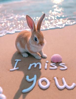 The primary subject of the image is a small brown and white rabbit sitting on a sandy beach. The setting is a beach with water in the background. The visual style is a combination of a photo and digital art, creating a unique and creative scene. The dominant colors are brown, white, and pink, giving the image a warm and inviting atmosphere.