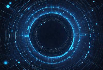 The primary subject of the image is a blue circle with a lot of lines and dots on it. The setting is a dark background, and the visual style appears to be a digital art or illustration. The colors and mood of the image are predominantly blue, creating a calm and serene atmosphere.