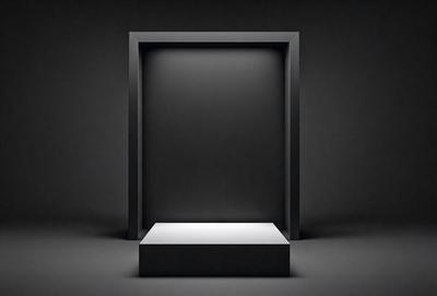The primary subject of the image is a black door frame. The setting is a dark room, and the visual style is a black and white photo. The colors and mood of the image are predominantly dark and moody, with the black door frame standing out against the black background.