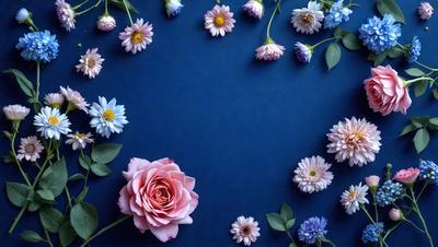 The primary subject of the image is a bouquet of flowers, with a variety of different types and colors. The flowers are arranged in a visually appealing manner, creating a sense of beauty and harmony. The setting is a blue background, which adds a calming and serene atmosphere to the scene. The visual style of the image is a close-up of the flowers, allowing the viewer to appreciate the details and textures of the individual blooms. The colors and mood of the image are predominantly pink and