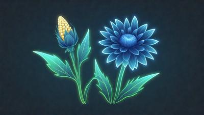 The primary subject of the image is a blue flower with green leaves, which is the main object, scene, or focus of the image. The setting/background features a dark blue surface, which adds to the overall atmosphere. The visual style of the image is digital art, as it is a computer-generated or digitally created illustration. The dominant colors in the image are blue and green, creating a calm and serene mood.