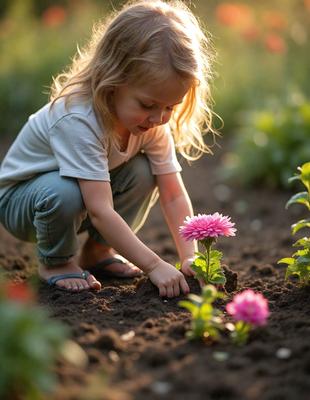 The primary subject of the image is a young girl who is kneeling down and planting a flower in the dirt. She is focused on her task, and her hands are close to the flower. The setting is an outdoor garden or a field, with a variety of plants surrounding her. The visual style is a photo, capturing the girl's actions and the natural environment. The colors and mood of the image are warm and inviting, with the girl's actions symbolizing growth, care, and connection to nature.