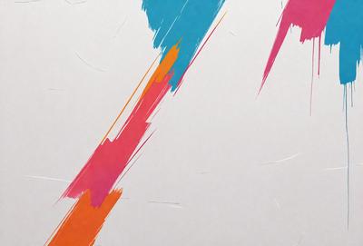 The primary subject of the image is a white wall with a colorful, abstract design painted on it. The design features a combination of pink, orange, and blue colors, creating a vibrant and lively atmosphere. The setting is a room with a white wall, and the visual style appears to be a mix of digital art and illustration. The colors and mood of the image are energetic and uplifting, making it an eye-catching and engaging piece of art.