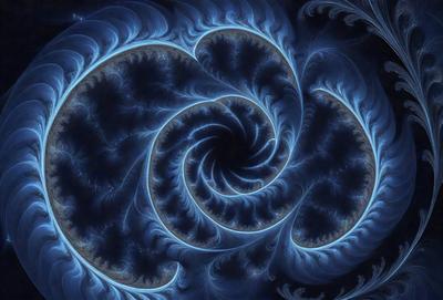The primary subject of the image is a blue spiral pattern, which appears to be a digital art or illustration. The setting is a dark blue background, creating a contrasting and dramatic effect. The visual style suggests that the image is a creative and artistic representation of a spiral, possibly inspired by nature or abstract concepts. The colors and mood of the image are predominantly dark and moody, with the blue hue adding a sense of depth and mystery to the scene.