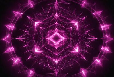 The primary subject of the image is a pink, purple, and white geometric pattern. The pattern is composed of interconnected lines and shapes, creating a visually striking and intricate design. The setting is a dark background, which contrasts with the bright colors of the pattern. The visual style of the image is a combination of digital art and illustration, showcasing the artist's skill in creating a complex and captivating design. The colors and mood of the image are predominantly pink and purple,